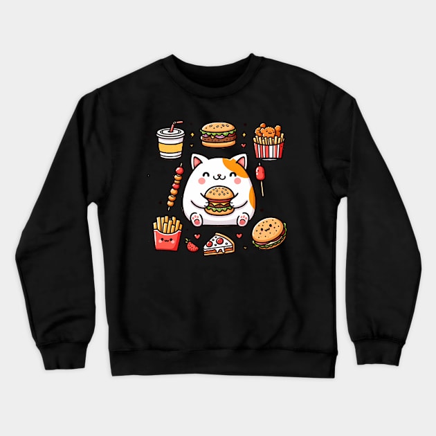 Funny Cat in Love with Fast Food, Burger, Pizza and Fries Crewneck Sweatshirt by dukito